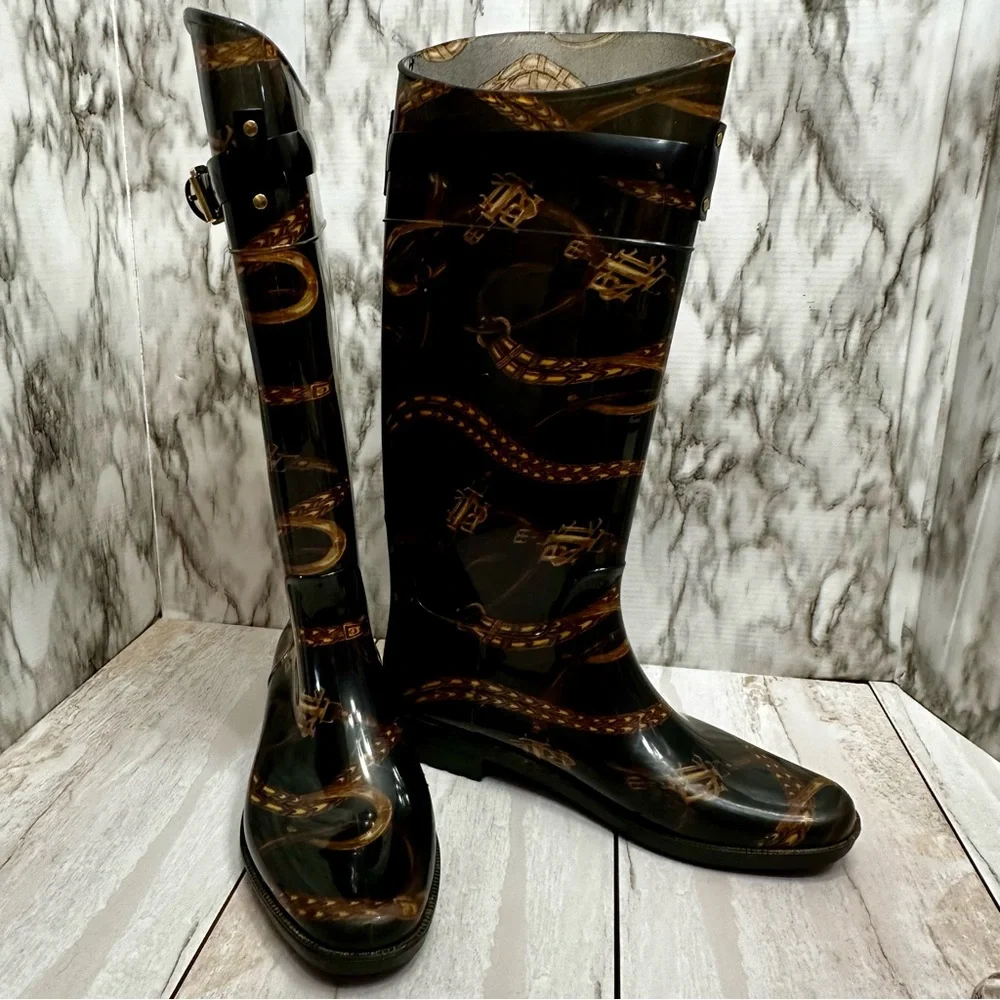 Ralph Lauren Black Gold Chain Horse Tack Pattern Rubber Rain Boots Farmcore
